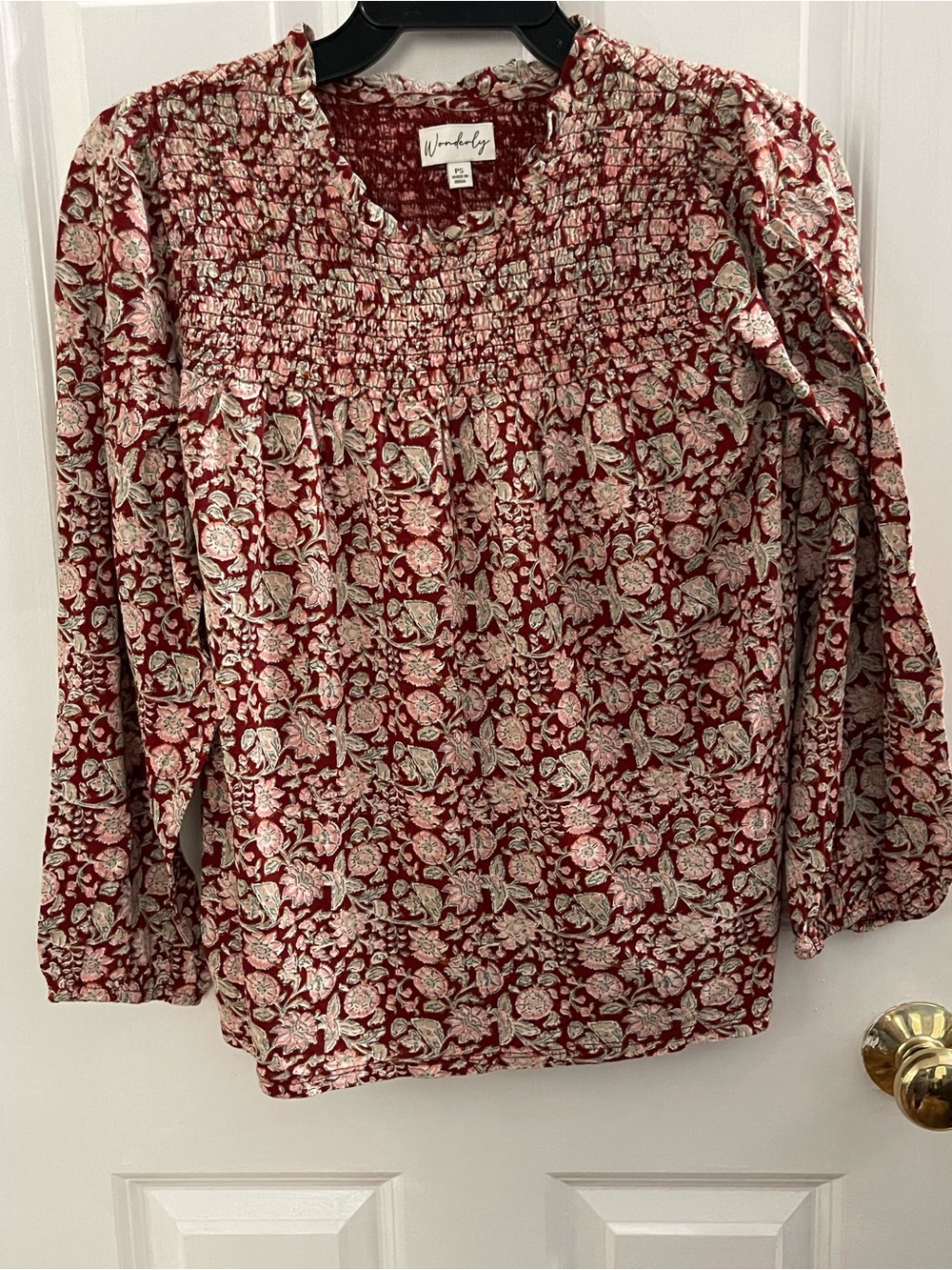 Wonderly Burgundy Floral Smocked Peasant Blouse